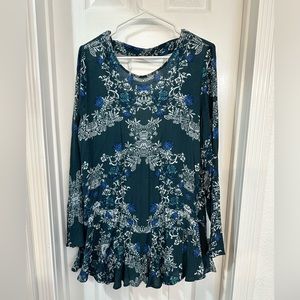 Free People Sz L Mini backless dress green & blue floral ruffle hem pockets